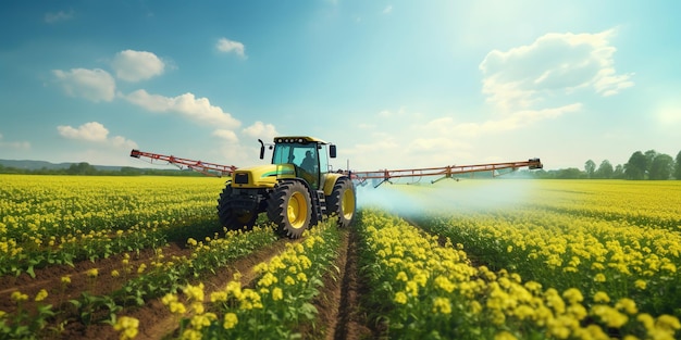 Tractor fumigando campos de soja en primavera