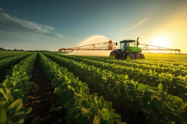 Tractor industrial pulverizando um campo de soja na primavera na agricultura