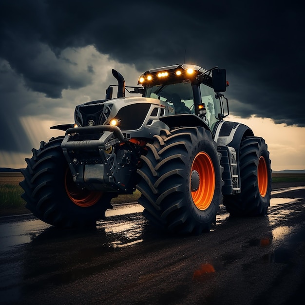 un tractor con luces naranjas en él está en una carretera húmeda