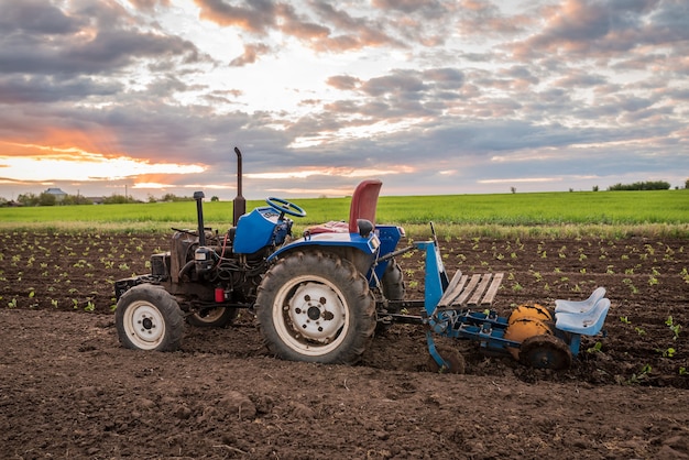 tractor en medio de un campo al atardecer paisaje rural de cerca