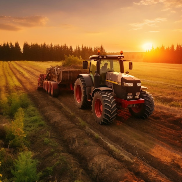 Tractor moderno Puesta de sol Trabajo de campo IA generativa