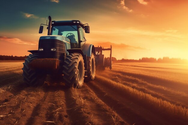 Tractor moderno Sunset Harvest en el campo generado Ai