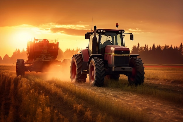 Tractor moderno Sunset Harvest en el campo generado Ai