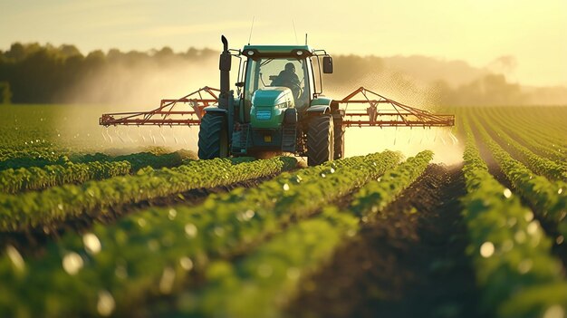 Foto tractor moderno trabajando en el campo con luz de atardecer