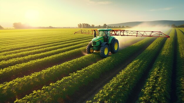 tractor moderno trabajando en el campo con luz de puesta de sol