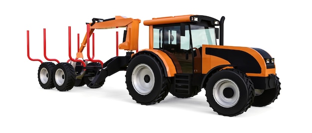 Tractor naranja con remolque para iniciar sesión en un blanco