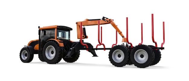 Tractor naranja con remolque para registro sobre un fondo blanco. Representación 3D.