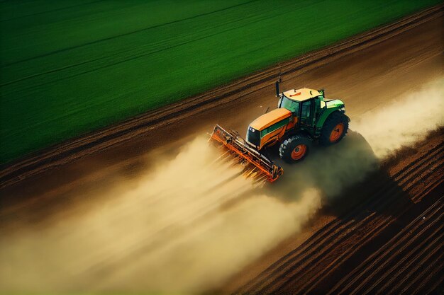 Tractor no campo numa quinta vista aérea Ilustração de alta qualidade