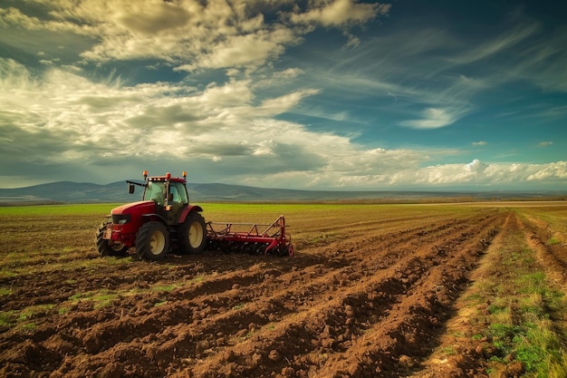 Tractor de paisaje agrario en acción