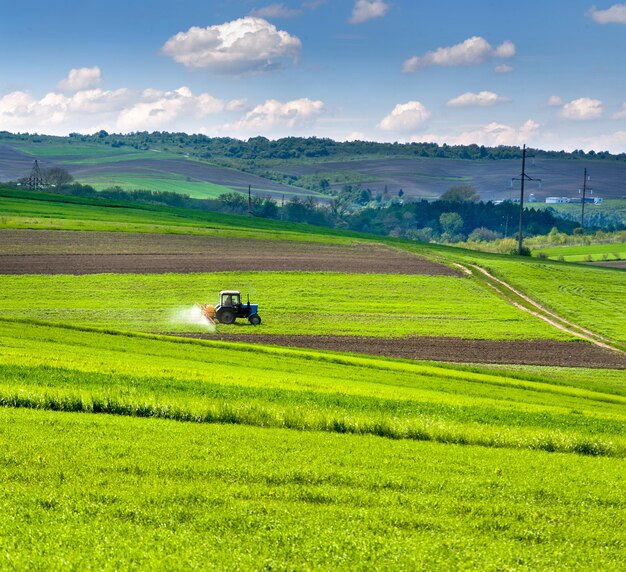 Tractor pulverizador campo de trigo brota en primavera, colinas de tierras agrícolas