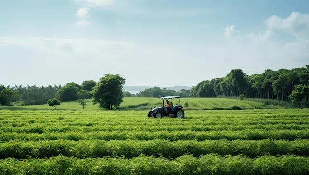 Tractor pulverizando pesticidas en la agricultura de campos de soja en Tailandia