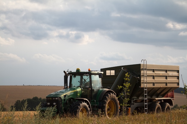 Un tractor para recoger trigo de una cosechadora se encuentra en un campo de trigo segado contra un cielo azul nublado