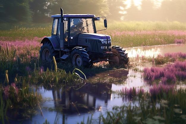 El tractor recorre la orilla de un río o lago en el bosque.