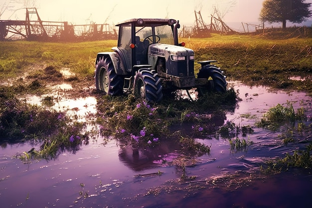 El tractor recorre la orilla de un río o lago en el bosque.