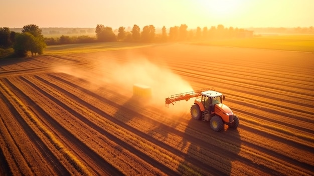 Un tractor rocía un campo agrícola con fertilizante en una vista de dron al atardecer AI generativa