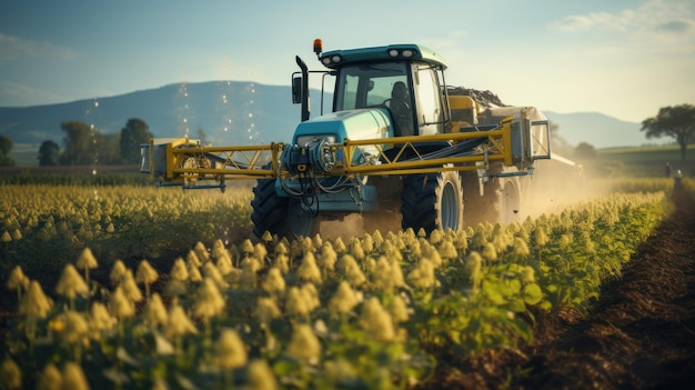 Un tractor rocia fertilizantes y pesticidas en un campo de soja en una noche de primavera Tecnologías agrícolas inteligentes y prácticas agrícolas sostenibles avanzadas