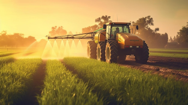 un tractor rocia pesticidas en el campo de la plantación al atardecer