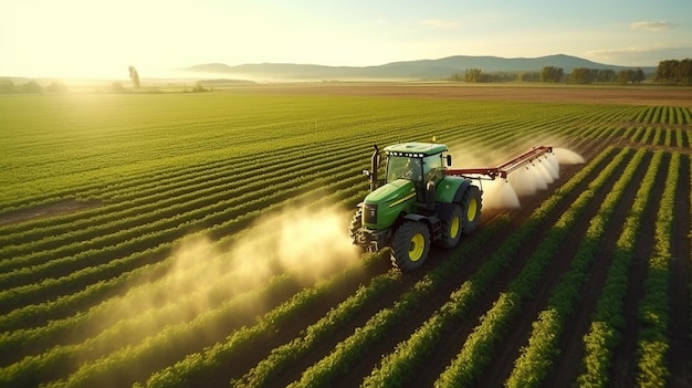 Un tractor rocia pesticidas en el campo