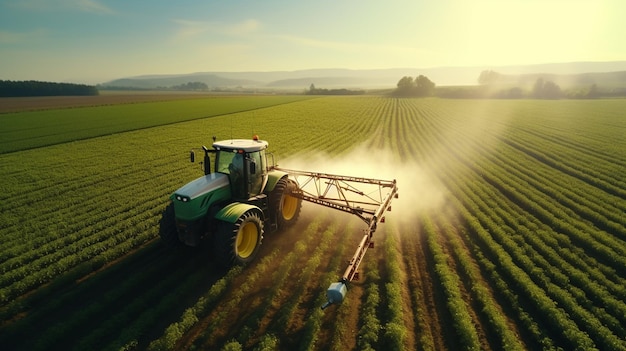 Un tractor rocia pesticidas en el campo