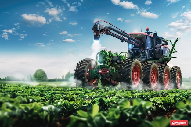 un tractor rociando un campo de cultivos con un aerosol de humo