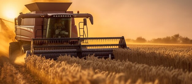 Tractor rociando un campo de soja al atardecer