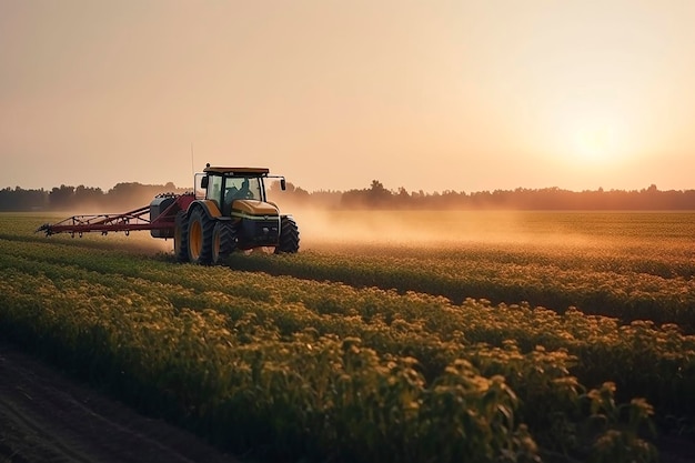 Tractor rociando campo de soja en planta de temporada al atardecer