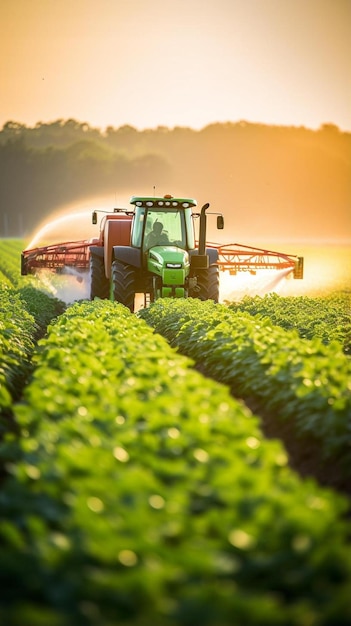 tractor rociando pesticidas en el campo de soja con pulverizador en primavera