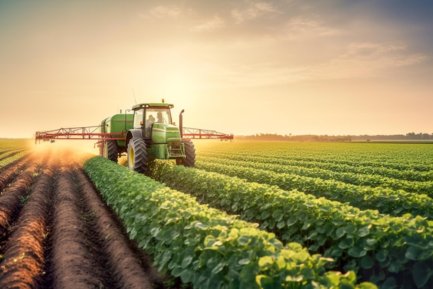 Tractor rociando pesticidas en campo de soja con rociador al atardecer IA generativa