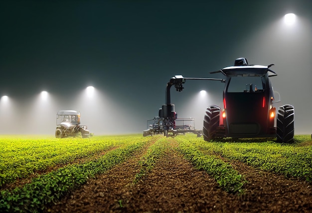 Tractor rociando pesticidas en el campo de soja con rociador por la noche