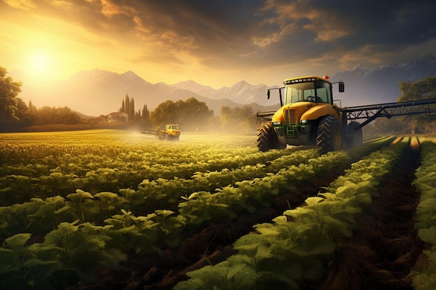 Tractor rociando pesticidas y fertilizantes en el campo de la granja