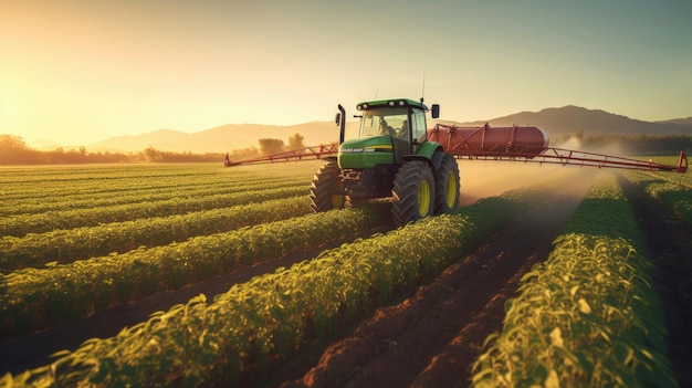 Un tractor rociando pesticidas en la plantación de soja verde en Sunset Tractor rociado pesticidas generativo Ai