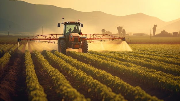 Un tractor rociando pesticidas en la plantación de soja verde en Sunset Tractor rociado pesticidas generativo Ai