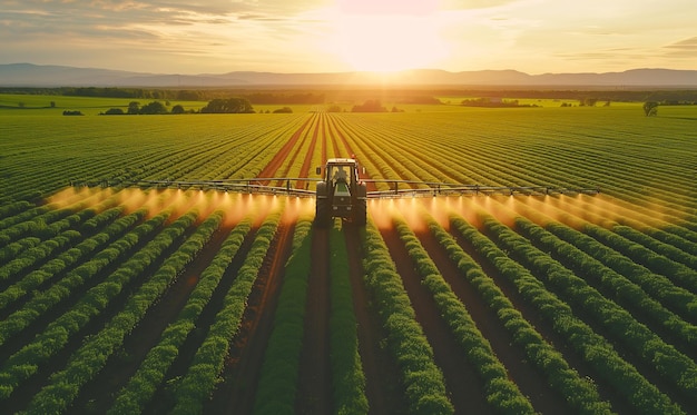 Tractor rociando pesticidas en una plantación verde al atardecer vista aérea vista por avión no tripulado