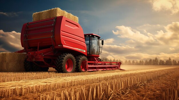 Foto un tractor rojo con una bala de heno en el fondo