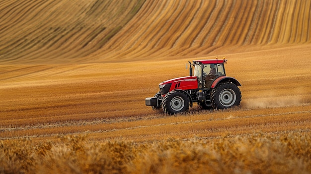 Un tractor rojo brillante pasa por los campos exuberantes