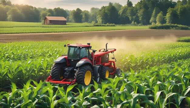 Foto un tractor rojo está en un campo de maíz con una casa en el fondo