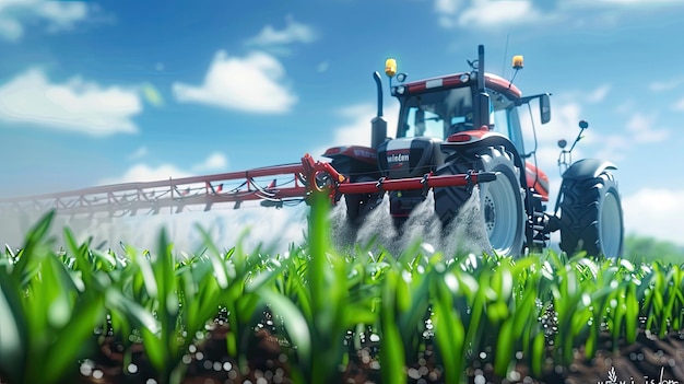 un tractor rojo está arando un campo de salpicaduras