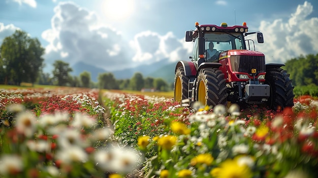 un tractor rojo está en un campo de flores y el sol está brillando en las nubes