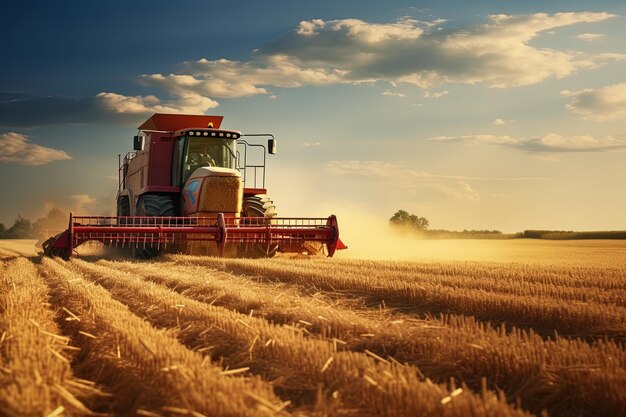 un tractor rojo está en un campo de trigo