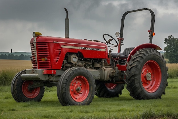 un tractor rojo con la palabra granja en el lado