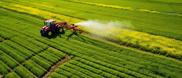 un tractor rojo regando en césped verde tomado desde una distancia desde justo por encima