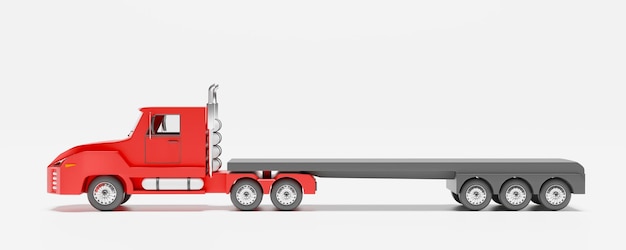 tractor rojo y remolque o semirremolque sobre fondo blanco ilustración en 3D o representación en 3D