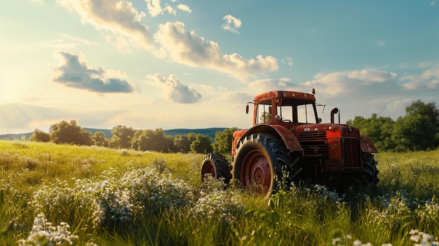 Un tractor con ruedas grandes y una cabina en medio de un vasto campo abierto