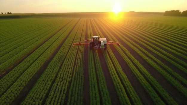 Un tractor trabaja en un campo al atardecer.