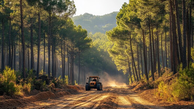 Tractor trabajando en un camino de tierra a través de un paisaje forestal sereno