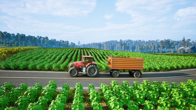 Tractor trabajando en parcelas agrícolas 3d render