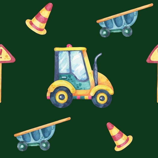 Tractor verde amarillo carretillas azules conos de carretera a rayas y señales de tráfico rojas patrón sin costuras acuarela clipart estilo de dibujos animados