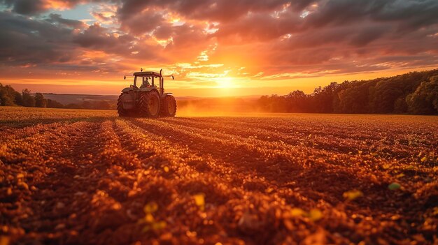 Tractor verde arando campo de cereales con cielo con nubes.