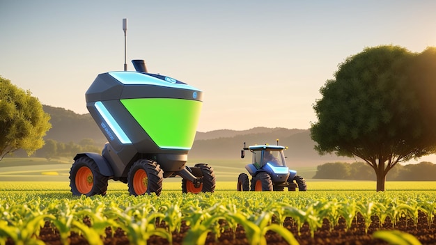 Un tractor verde y azul único con un remolque verde en un campo Generador de IA