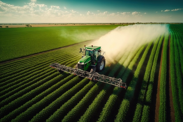 Un tractor verde en un campo con un rociador al costado